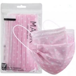 Pack 50 Mascarillas quirúrgicas, sin látex. Fondo rosa corazones blancos
