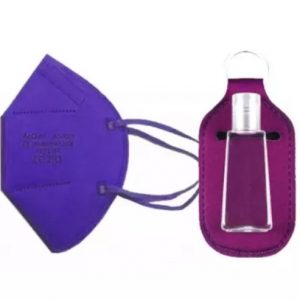 Pack 20 Mascarillas FFP2 CE. Morado y botellitas portallavero con Gel de chuches