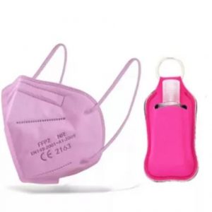 Pack 20 Mascarillas FFP2 CE. Rosa y botellitas portallavero con Gel de chuches